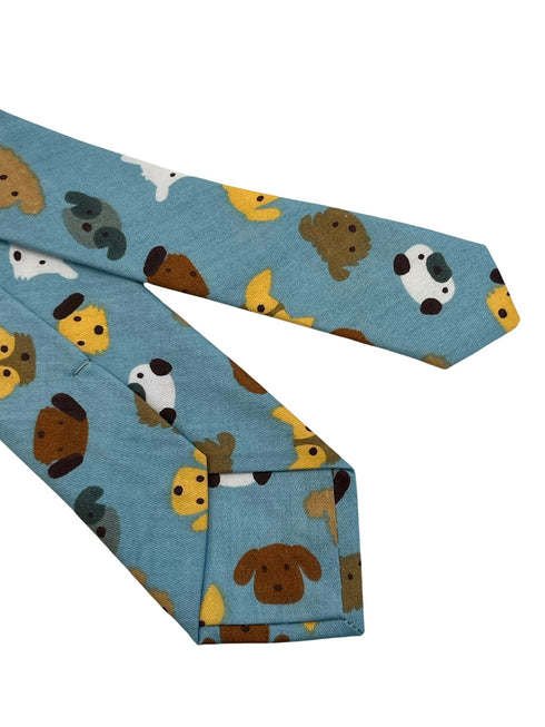 Medium denim blue tie with cute dog puppy design